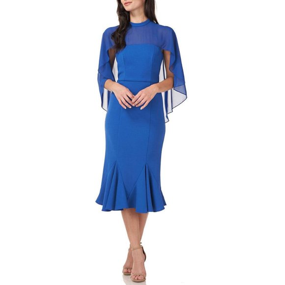 JS COLLECTIONS CHIFFON CAPELET CREPE STRETCH SAPPHIRE BLUE MIDI DRESS sz 12 - Picture 1 of 2